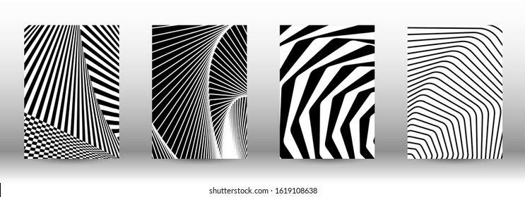 Optical contrast. Set of abstract patterns with distorted lines. Black and white striped psychedelic background. Abstract vector illustration.You can use for design covers, cards,posters.