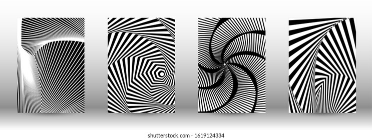 Optical contrast. Set of abstract patterns with distorted lines. Black and white striped psychedelic background. Abstract vector illustration.You can use for design covers, cards,posters.