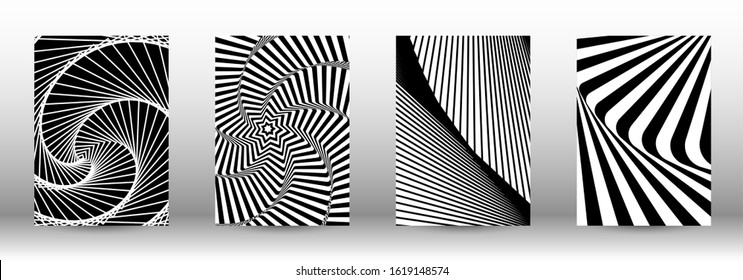 Optical contrast. Set of abstract patterns with distorted lines. Black and white striped psychedelic background. Abstract vector illustration.You can use for design covers, cards,posters.