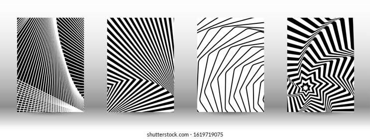 Optical contrast. Set of abstract patterns with distorted lines. Black and white striped psychedelic background. Abstract vector illustration.You can use for design covers, cards,posters.