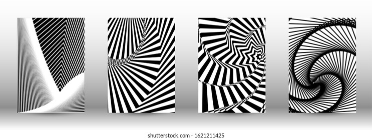 Optical contrast. Set of abstract patterns with distorted lines. Black and white striped psychedelic background. Abstract vector illustration.You can use for design covers, cards,posters.