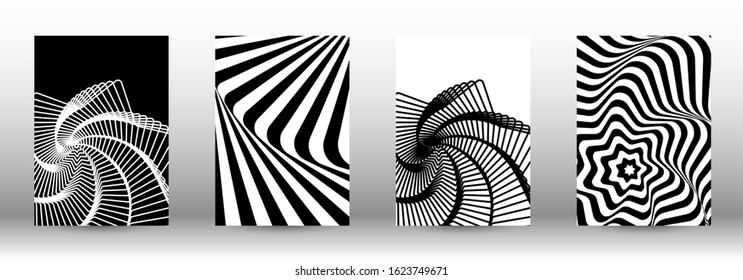 Optical contrast. Set of abstract patterns with distorted lines. Black and white striped psychedelic background. Abstract vector illustration.You can use for design covers, cards,posters.