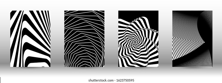 Optical contrast. Set of abstract patterns with distorted lines. Black and white striped psychedelic background. Abstract vector illustration.You can use for design covers, cards,posters.