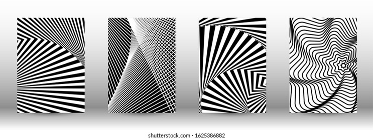 Optical contrast. Set of abstract patterns with distorted lines. Black and white striped psychedelic background. Abstract vector illustration.You can use for design covers, cards,posters.