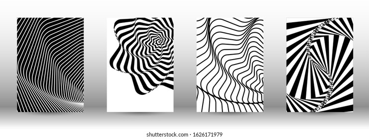 Optical contrast. Set of abstract patterns with distorted lines. Black and white striped psychedelic background. Abstract vector illustration.You can use for design covers, cards,posters.