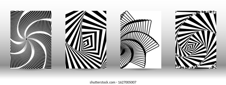 Optical contrast. Set of abstract patterns with distorted lines. Black and white striped psychedelic background. Abstract vector illustration.You can use for design covers, cards,posters.