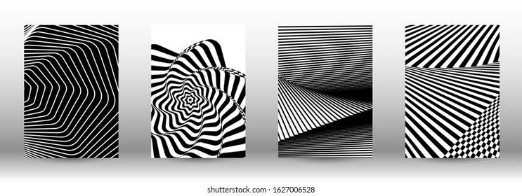Optical contrast. Set of abstract patterns with distorted lines. Black and white striped psychedelic background. Abstract vector illustration.You can use for design covers, cards,posters.