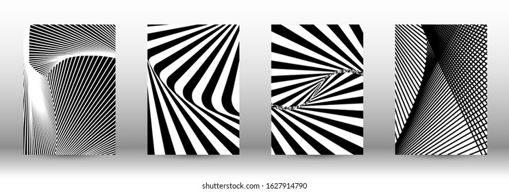 Optical contrast. Set of abstract patterns with distorted lines. Black and white striped psychedelic background. Abstract vector illustration.You can use for design covers, cards,posters.
