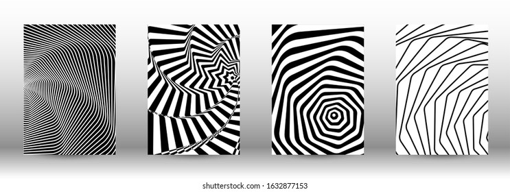 Optical contrast. Set of abstract patterns with distorted lines. Black and white striped psychedelic background. Abstract vector illustration.You can use for design covers, cards,posters.