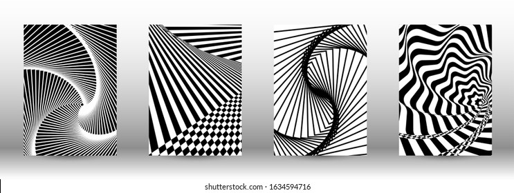 Optical contrast. Set of abstract patterns with distorted lines. Black and white striped psychedelic background. Abstract vector illustration.You can use for design covers, cards,posters.