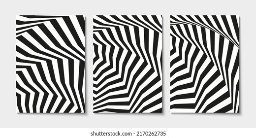 Optical contrast. Set of abstract patterns with distorted lines. Black and white striped psychedelic background. Abstract vector illustration. You can use for design covers, cards, posters.