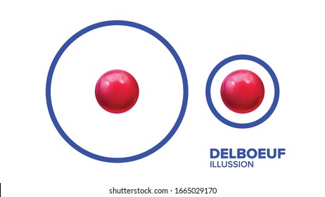 Optische Delboeuf-Illusionsbälle in runder Vektorillustration. Visuelle Illusion mit kleineren oder größeren glänzenden, roten, glänzenden Spinnen in blauem Rahmen. Differenzialbildeffekt von Titchener Circles realistische 3D-Illustration