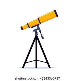 Optical device to explore, discover galaxy, cosmos, space. Telescope on tripod. Modern portable three legged telescope, astronomer equipment. Vector illustration