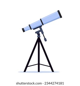 Optical device to explore, discover galaxy, cosmos, space. Telescope on tripod. Modern portable three legged telescope, astronomer equipment. Vector illustration