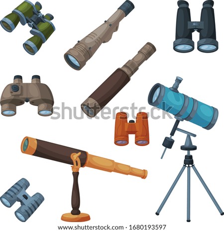 Optical Devices Collection, Binoculars, Spyglass, Telescope, Searching Science Magnifying Equipment Vector Illustration