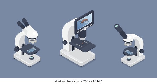 Microscópios ópticos, digitais e binoculares. Equipamento para investigação laboratorial e hospitalar. Tecnologias modernas para avaliação de conexões celulares. Ilustração vetorial isométrica plana 3d.
