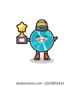 optical disc cartoon as an ice skating player hold winner trophy , cute style design for t shirt, sticker, logo element