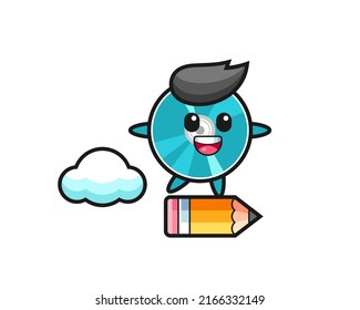 optical disc mascot illustration riding on a giant pencil , cute style design for t shirt, sticker, logo element