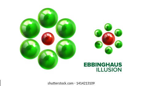 Optical Ebbinghaus Illusion With Balls Vector. Visual Illusion With Smaller Or Bigger Glossy Green And Red Shiny Spheres. Different Size Effect Of Titchener Circles Realistic 3d Illustration