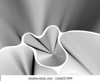 Optical effect waves abstract black and white background. Vector monochrome pattern, curved lines striped black and white background. Abstract dynamic rippled texture visual effect.