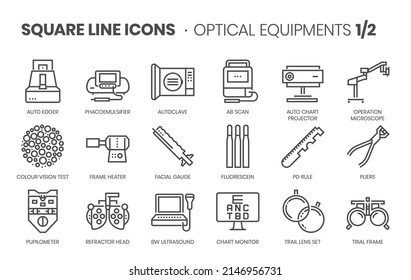 Optical Equipments 2 related, pixel perfect, editable stroke, up scalable square line vector icon set.