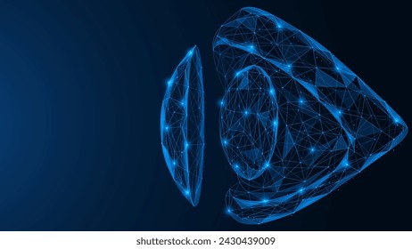 An optical eye lens. Polygonal design of interconnected lines and dots. Blue background.