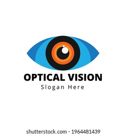 Logo Optical Eye Vision. Geométrica lineal azul con forma de flecha aislada en fondo blanco. Usable para Logos de Negocios y Tecnología. Elemento de plantilla de diseño de logotipo de vectores planos