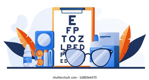 Optical eyes test chart. Medicine, optical eyesight examination. Ophthalmology medical concept with glasses, eye examination, eye drop. Contact lens with case. Medical accessory for correct vision. 