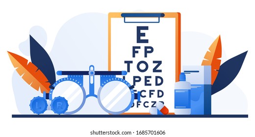 Prueba de ojos ópticos. Medicina, examen óptico de la vista. Concepto médico oftalmológico con gafas, examen ocular, colirio. Solución de lente de contacto. Accesorio médico para la visión correcta. 