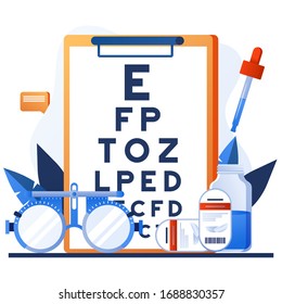 Optische Augenprüfung. Medizin, optische Augenuntersuchung. Augenarztkonzept mit Brille, Augenuntersuchung, Augentropfen. Kontaktlinsenlösung. Medizinisches Zubehör für korrektes Sehen. 