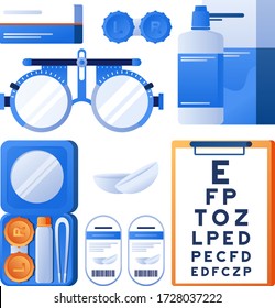 Prueba de ojos ópticos. Medicina, examen óptico de la vista. Concepto médico oftalmológico con gafas, gráfico de examen ocular, colirio. Lente de contacto con solución de estuche. Accesorio para la visión correcta