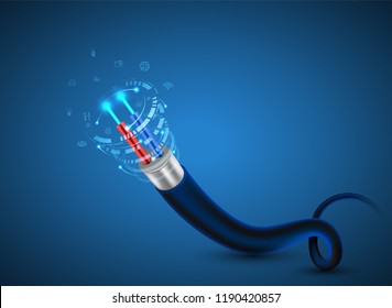 Optical Fiber cable concept for communication technology and connecting element. Vector illustration for network conceptual