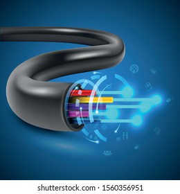 Optical Fiber cable concept for communication technology and connecting element. Vector illustration for network conceptual.