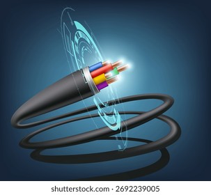 Cable de fibra óptica para Internet de alta velocidad y datos. Estilo futurista. Ilustración vectorial.