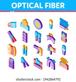 Vector de juego de iconos de cable de fibra óptica. Instrumento De Reparación De Fibra Isométrica Y Dispositivo Eléctrico Para La Conexión De Ensayo, Bobina De Rollo De Cordón E Ilustraciones Dañadas