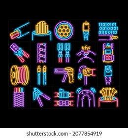 Optical Fiber Cable neon light sign vector. Glowing bright icon  Fiber Repair Instrument And Electrical Device For Test Connection, Cord Roll Bobbin And Damaged Illustrations