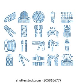 Optical Fiber Cable sketch icon vector. Hand drawn blue doodle line art Fiber Repair Instrument And Electrical Device For Test Connection, Cord Roll Bobbin And Damaged Illustrations