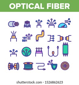 Optical Fiber Collection Elements Icons Set Vector Thin Line. Network Connection, Computer Wire, Cable Bobbin Fiber And Data Transfer Concept Linear Pictograms. Color Contour Illustrations