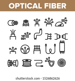 Optical Fiber Collection Elements Icons Set Vector Thin Line. Network Connection, Computer Wire, Cable Bobbin Fiber And Data Transfer Concept Linear Pictograms. Monochrome Contour Illustrations