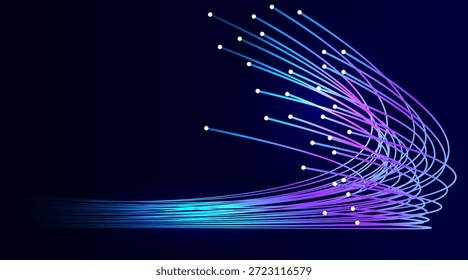 Fibra óptica com fluxo de dados. Fibra ótica sobre fundo escuro. Resumo da tecnologia digital.