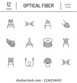 Optical fiber flat line icons. Network connection, computer wire, cable bobbin, data transfer. Thin signs for electronics store, internet services. Editable Strokes.