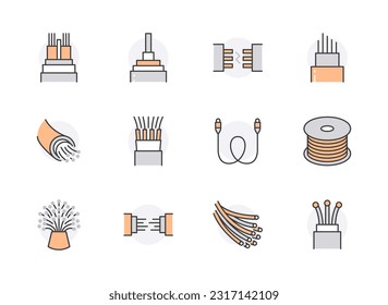 Optical fiber flat line icons. Network connection, computer wire, cable bobbin, data transfer. Thin signs for electronics store, internet services. Orange Color. Editable Strokes