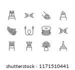 Optical fiber flat line vector icons. Network connection, computer wire, cable bobbin, data transfer. Thin signs for electronics store, internet services. Pixel perfect 64x64. Editable Strokes.