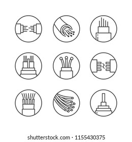 Optical fiber flat line vector icons. Network connection, computer wire, cable bobbin, data transfer. Thin signs in circle shapes for electronics store, internet services.