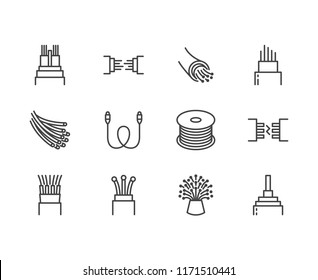 Optical fiber flat line vector icons. Network connection, computer wire, cable bobbin, data transfer. Thin signs for electronics store, internet services. Pixel perfect 64x64. Editable Strokes.