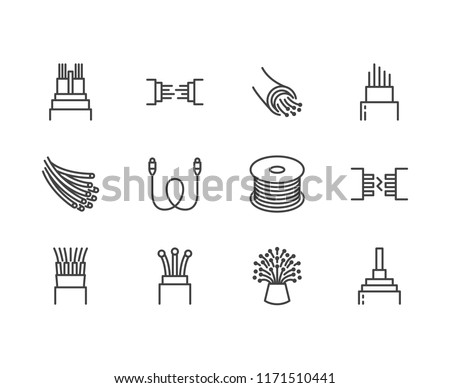 Optical fiber flat line vector icons. Network connection, computer wire, cable bobbin, data transfer. Thin signs for electronics store, internet services. Pixel perfect 64x64. Editable Strokes. Foto stock © 