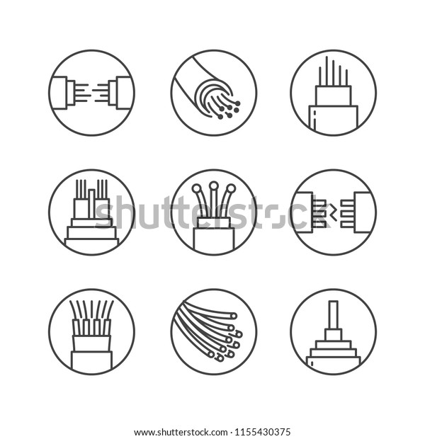 Optical fiber flat\
line vector icons. Network connection, computer wire, cable bobbin,\
data transfer. Thin signs in circle shapes for electronics store,\
internet services.