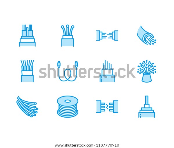 Optical fiber flat line vector icons. Network\
connection, computer wire, cable bobbin, data transfer. Thin signs\
for electronics store, internet services. Pixel perfect 64x64.\
Editable Strokes.
