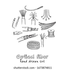 Optical fiber hand drawn doodle set. Vector illustration. Isolated elements on white background. Symbol collection.