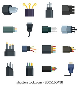 Optical fiber icons set. Flat set of optical fiber vector icons isolated on white background
